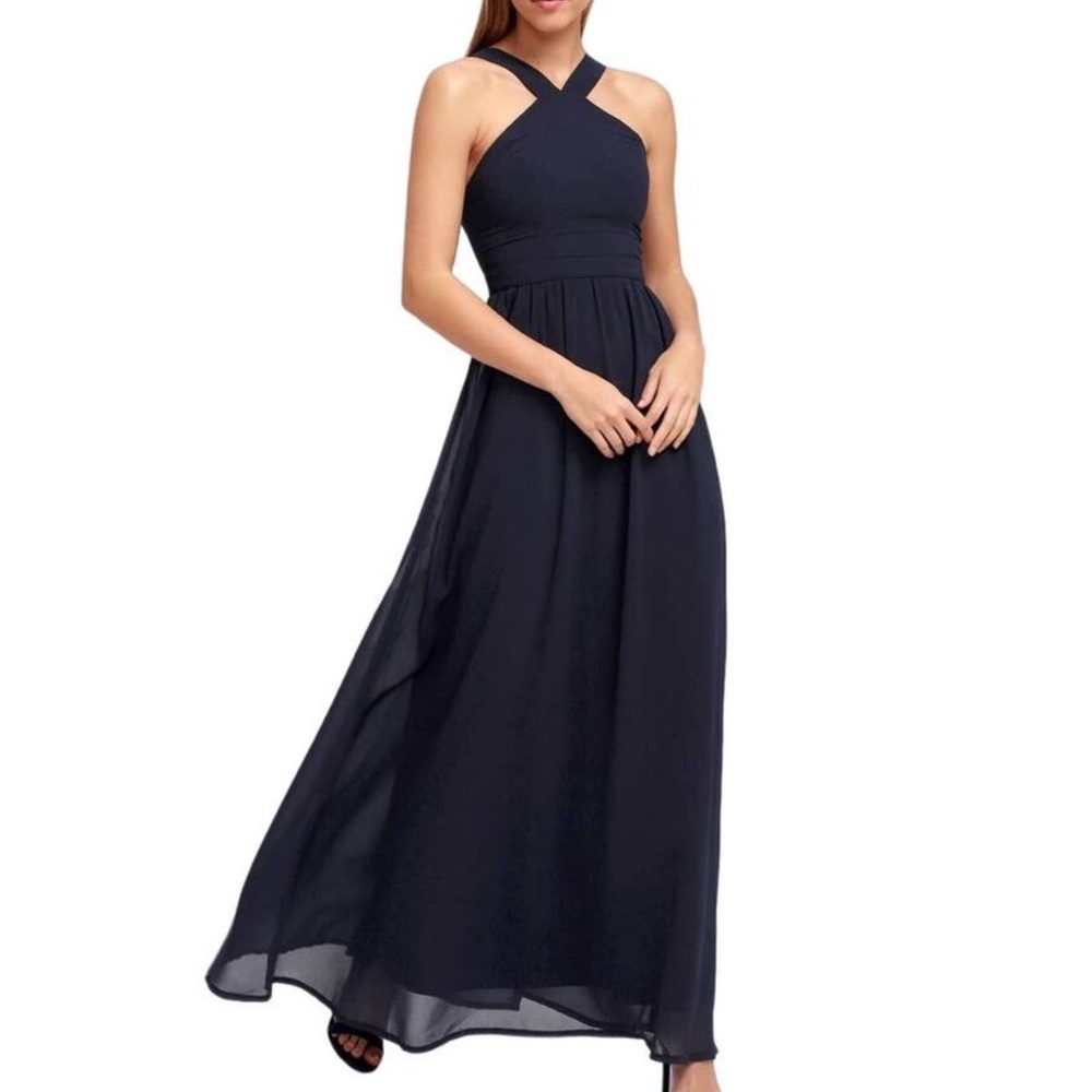 Lulus Air of Romance Halter Maxi Dress Navy Size Medium